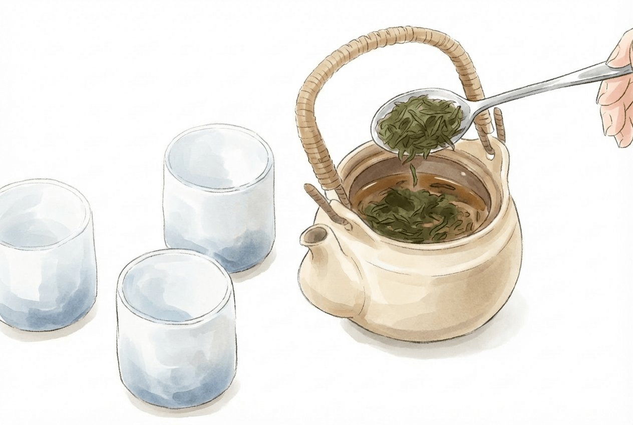 茶葉を大きめの急須に入れる。(5人分で15gが目安。)