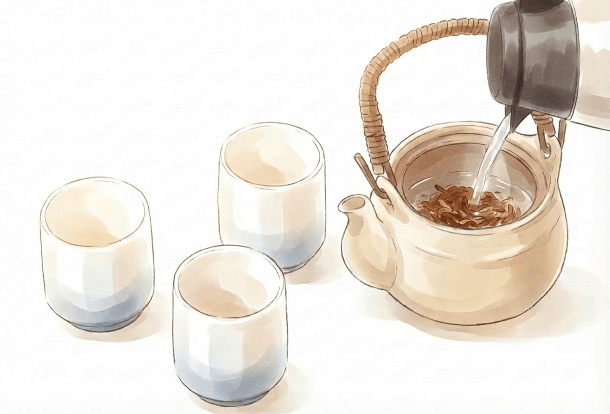 一度沸騰したお湯を急須に入れて、茶葉が浸出するのを待つ。(1人分の湯量は約120ml、浸出時間は30秒くらい。)