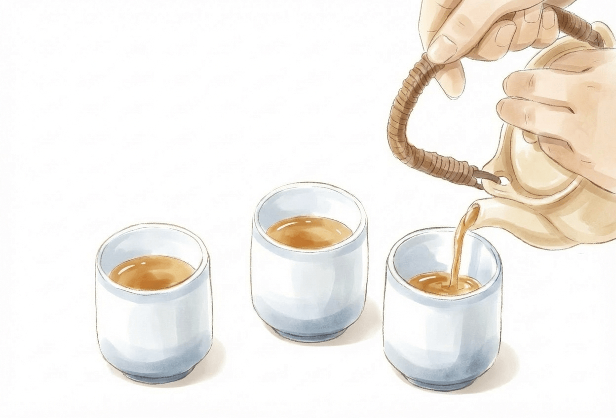 お茶を注ぐ分量は均等に、廻しつぎをし、お茶葉絞り切り完成。