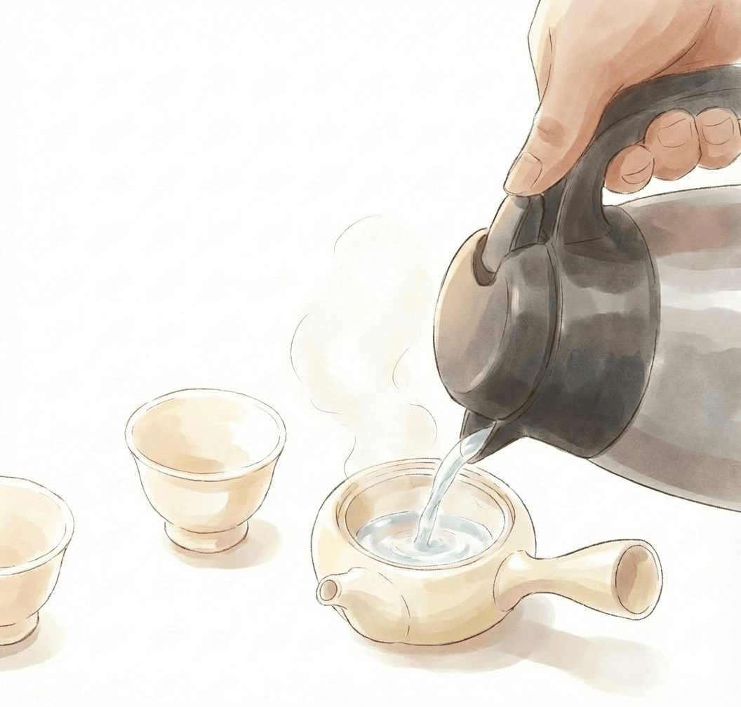 お湯を沸かし、一度沸騰したお湯を急須に入れて湯冷ましをする。(50°C〜60°C)