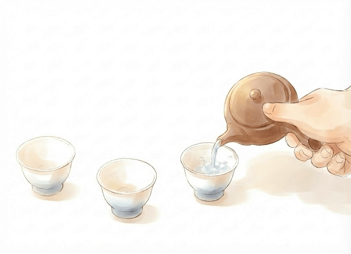 急須のお湯を茶碗に7分目(約20ml)ほど入れる。残ったお湯は捨てる。また、茶碗は玉露用の小さめのものを使用する。