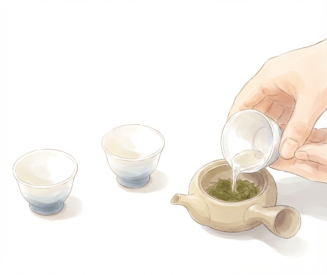 大さじで約2杯分の茶葉を急須に入れ、茶碗のお湯を急須に入れて、3分くらい茶葉が浸出するのを待つ。