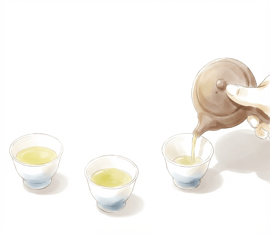 お茶を注ぐ分量は均等に、廻しつぎしてお茶を絞り切り完成。(美味しく味わえる温度は35℃〜40℃くらい)